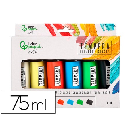 Pintura gouache tempera liderpapel caja de 6 tubos de plastico de 75 ml colores surtidos
