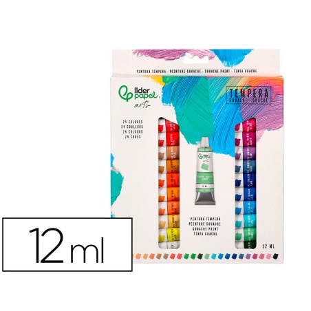 Pintura gouache tempera liderpapel caja de 24 tubos de aluminio de 12 ml colores surtidos