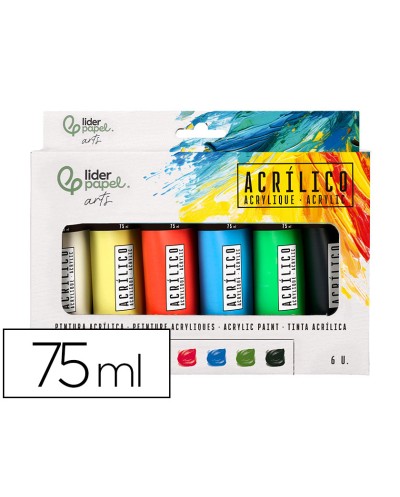 Pintura acrilica liderpapel caja de 6 tubos de plastico de 75 ml colores basicos