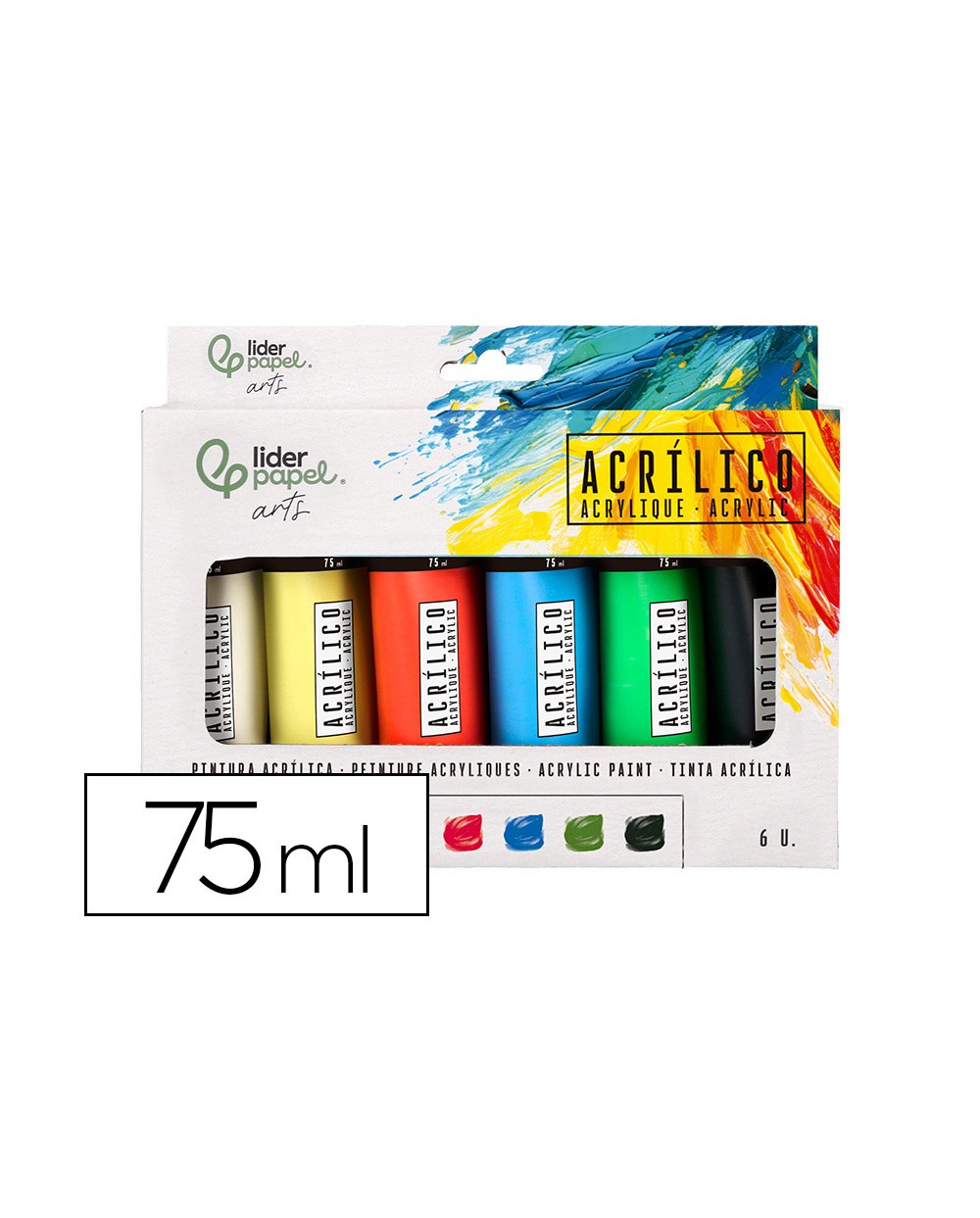 Pintura acrilica liderpapel caja de 6 tubos de plastico de 75 ml colores basicos