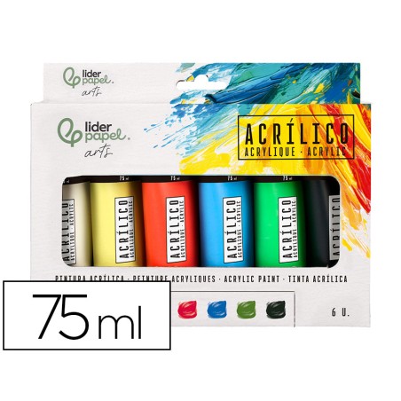 Pintura acrilica liderpapel caja de 6 tubos de plastico de 75 ml colores basicos