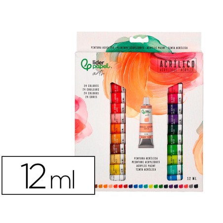 Pintura acrilica liderpapel caja de 24 tubos de aluminio de 12 ml colores surtidos