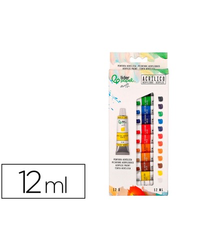Pintura acrilica liderpapel caja de 12 tubos de aluminio de 12 ml colores surtidos
