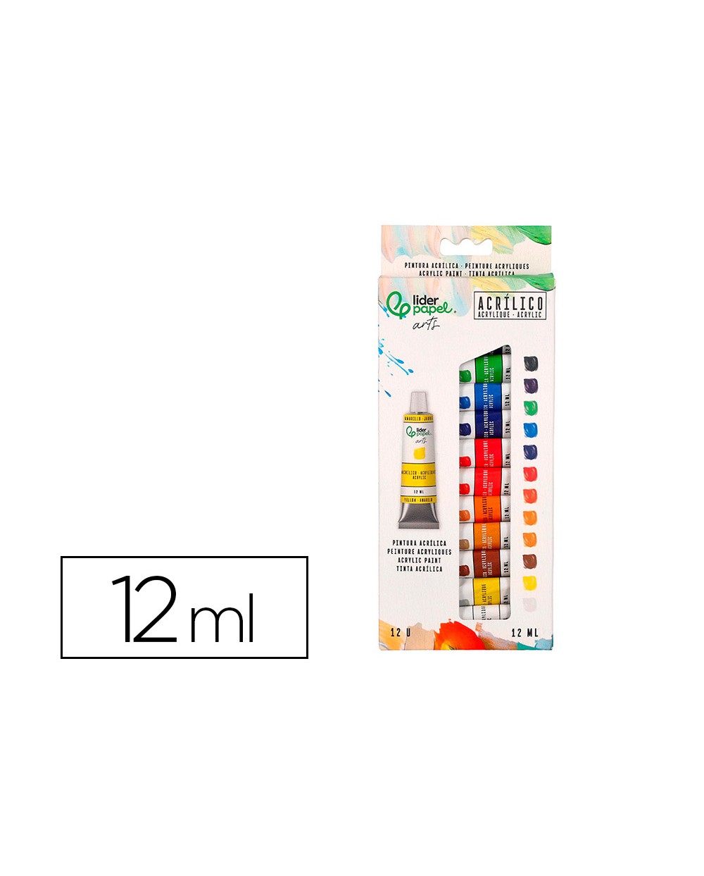 Pintura acrilica liderpapel caja de 12 tubos de aluminio de 12 ml colores surtidos