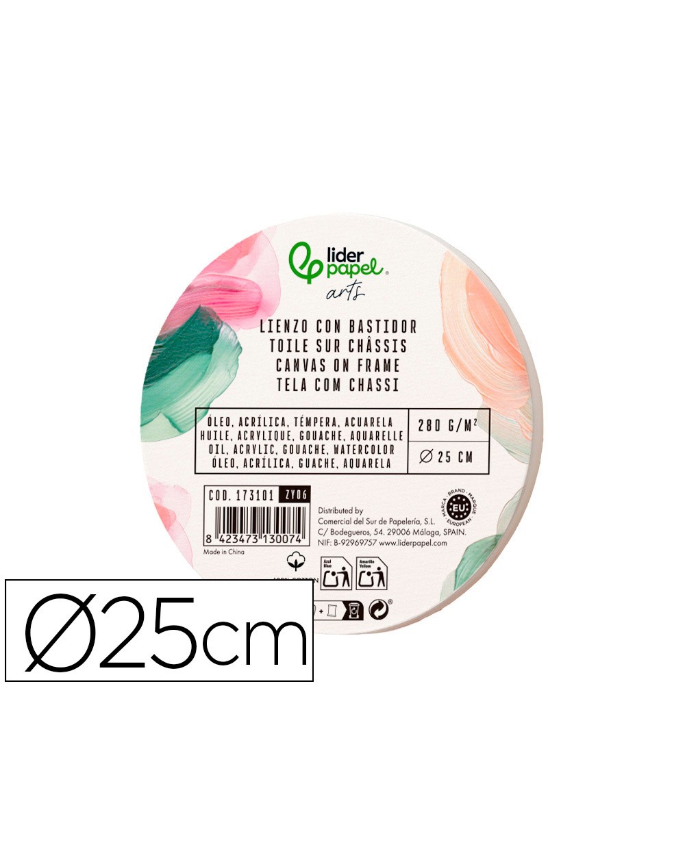 Bastidor redondo liderpapel lienzo grapado parte trasera algodon 100 borde madera 25 cm gramaje 280g m2