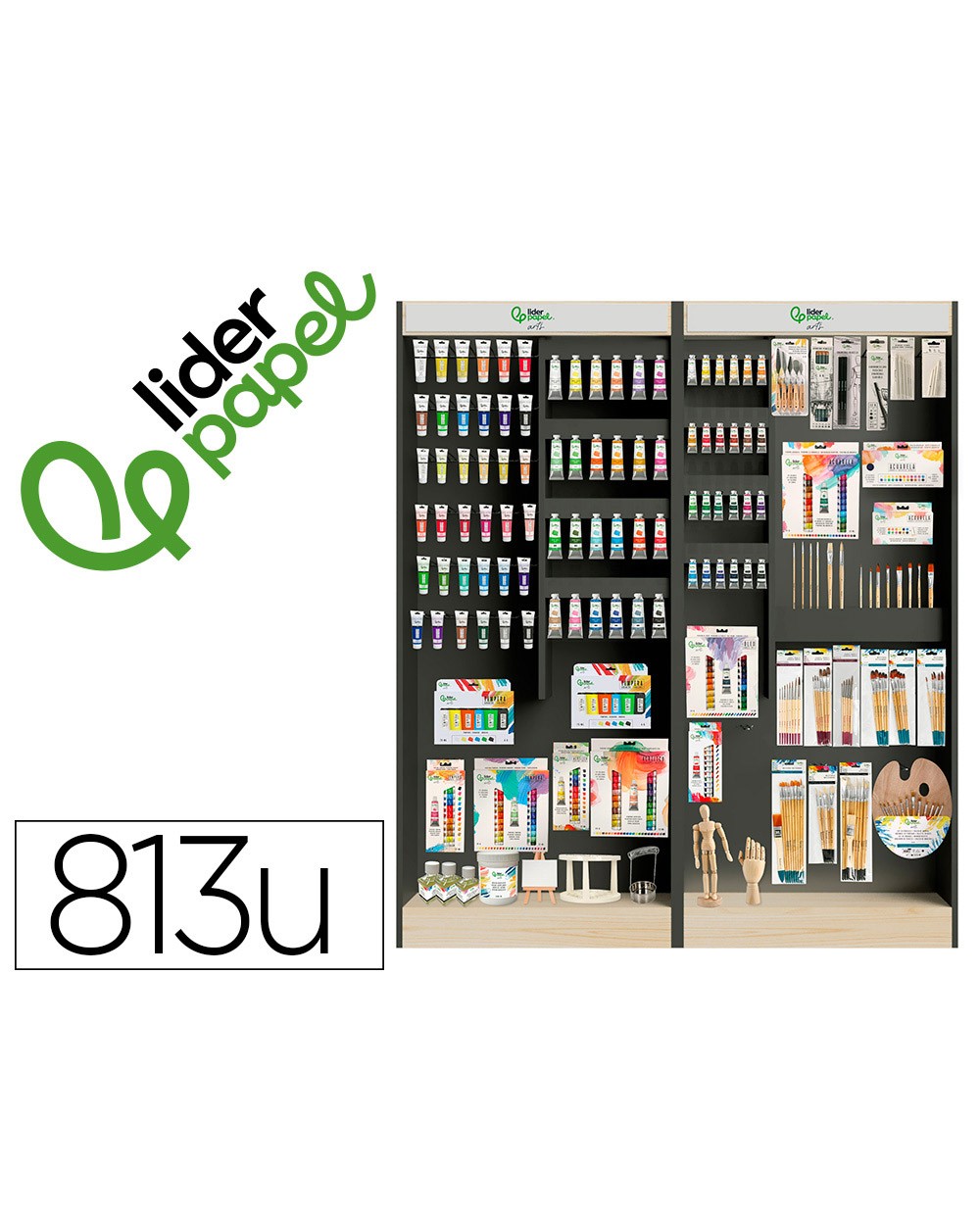 Expositor de bellas artes liderpapel suelo madera con 813 unidades surtidas 1716x300x1900 mm