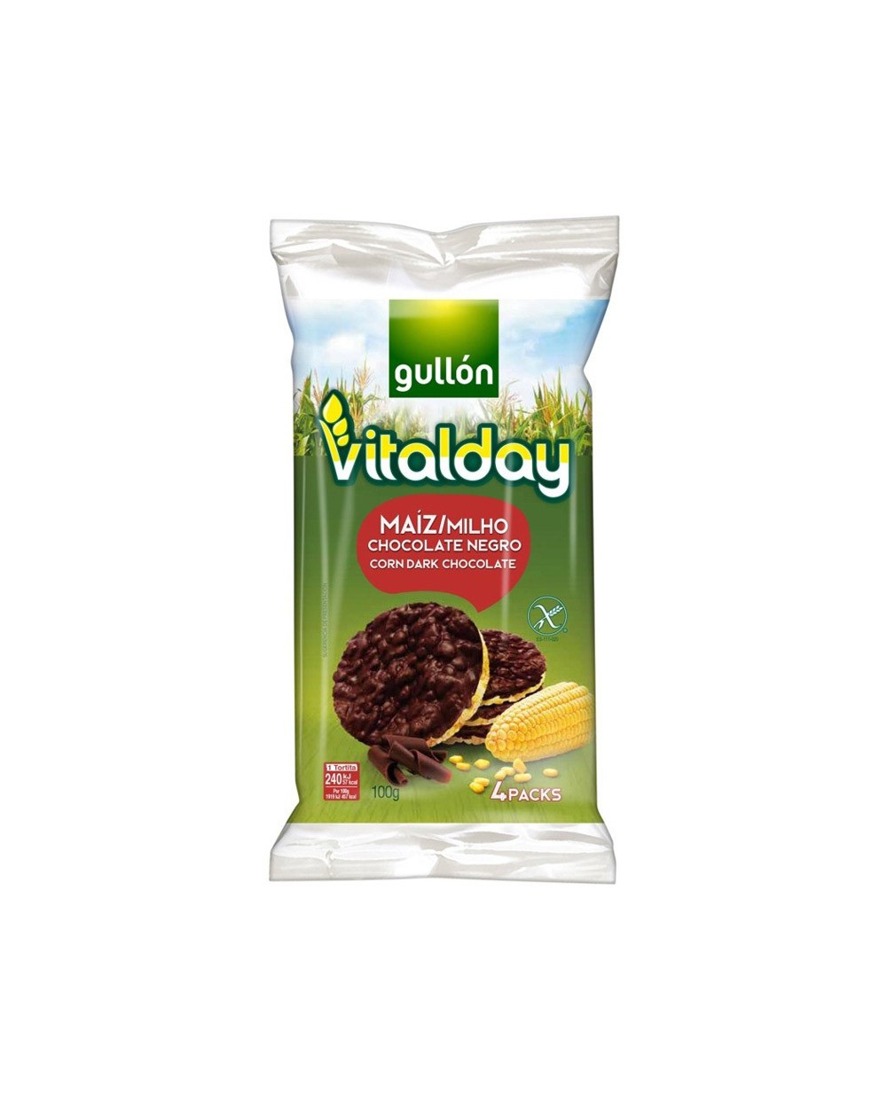 Tortitas de maiz gullon vitalday chocolate negro paquete de 4 unidades 25 gr