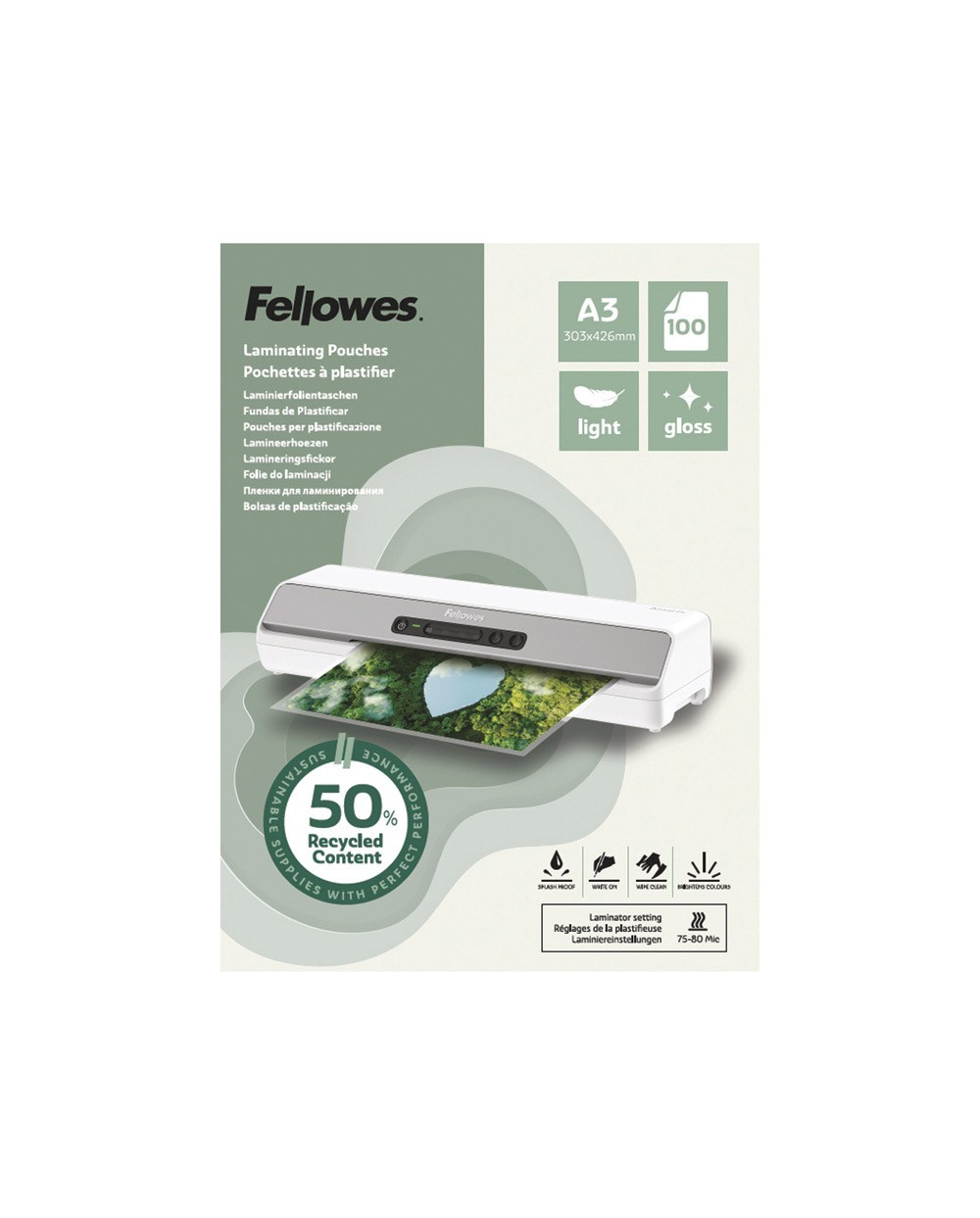 Bolsa de plastificar fellowes recicladas brillo din a3 80 mc pack de 100 unidades