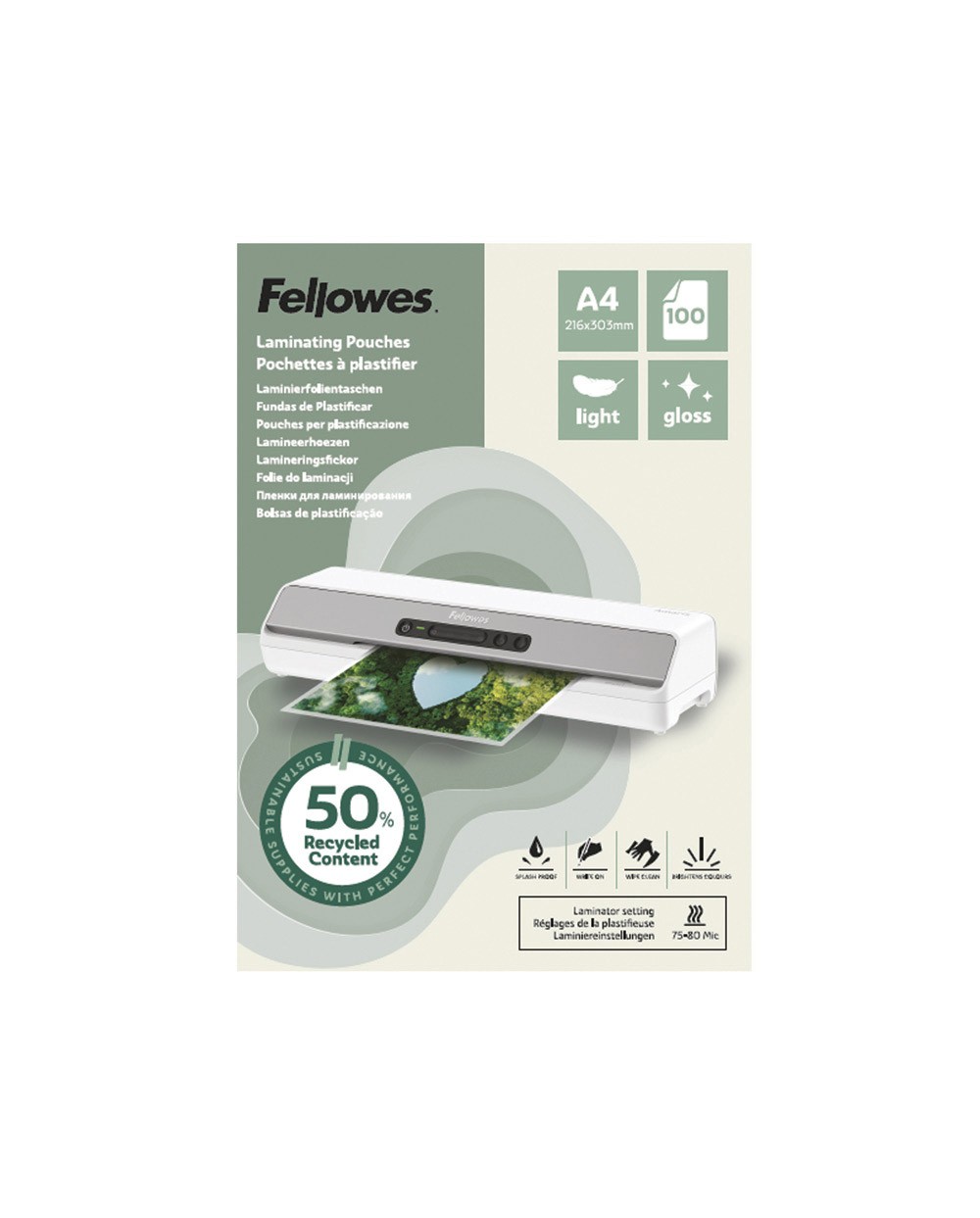 Bolsa de plastificar fellowes recicladas brillo din a4 80 mc pack de 100 unidades