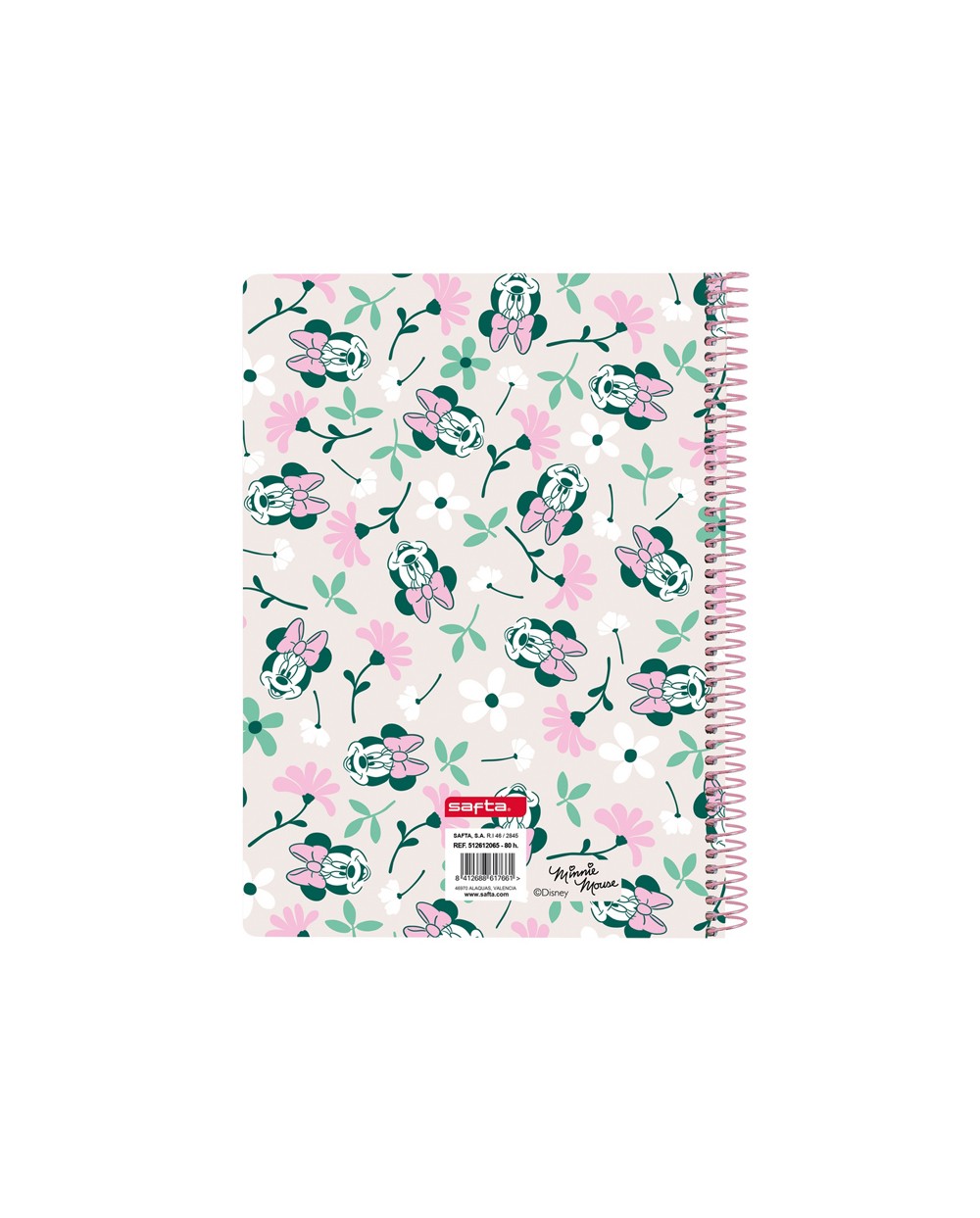 Cuaderno espiral safta cuarto 80h 60gr cuadro 4 mm tapa extradura minnie mouse minty