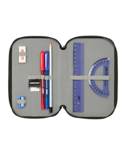 Plumier escolar safta triple cremallera 37 piezas minecraft 195x125x55 mm
