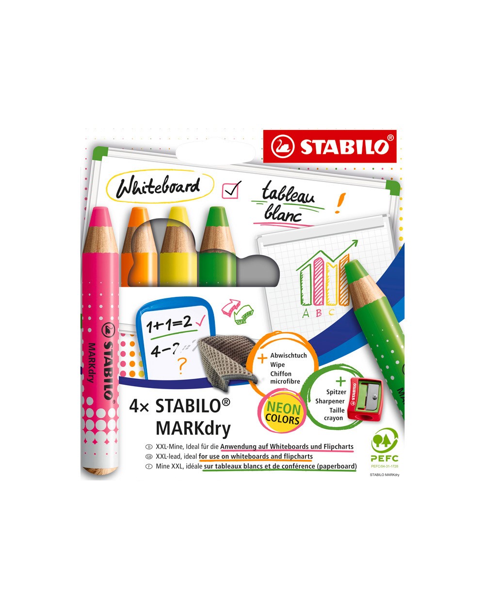 Lapiz marcador stabilo markdry neon para pizarra blanca caja de 4 unidades colores surtidos sacapuntas