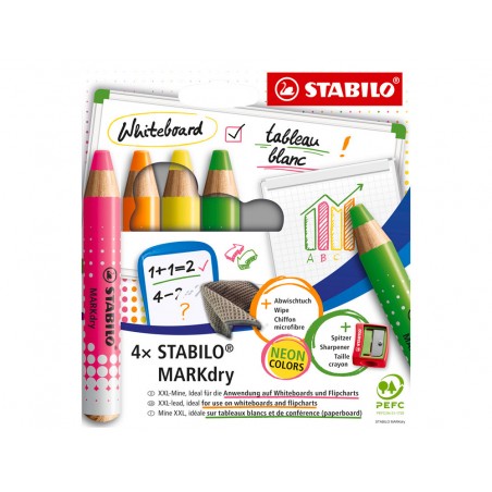 Lapiz marcador stabilo markdry neon para pizarra blanca caja de 4 unidades colores surtidos sacapuntas