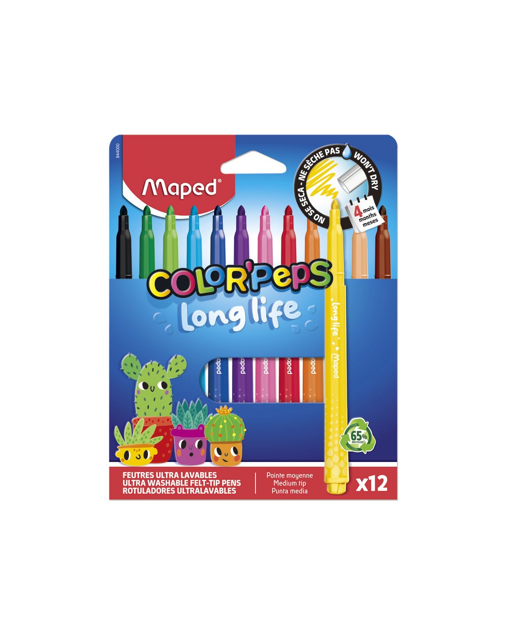 Rotulador maped color peps long life lavable punta media caja de 12 unidades colores surtidos