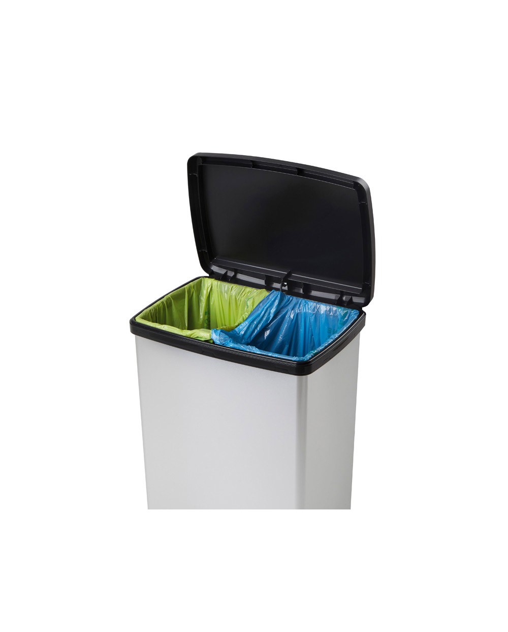Contenedor plastico cep elite con tapa y pedal dos compartimentos 50 l color plata 390x288x654 mm