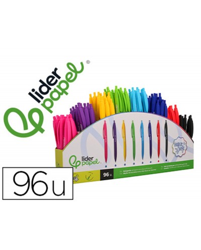 Boligrafo liderpapel retractil con clip acabado soft touch punta 07 mm expositor 96 unidades colores