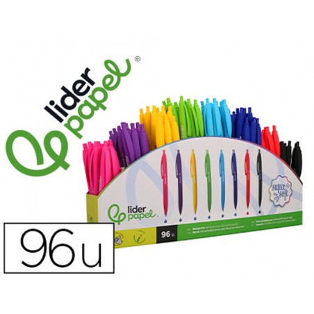 Boligrafo liderpapel retractil con clip acabado soft touch punta 07 mm expositor 96 unidades colores