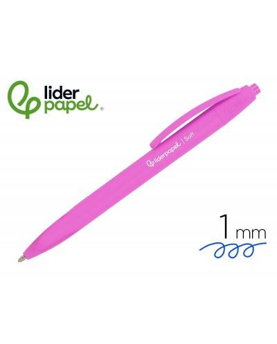 Boligrafo liderpapel punta 1 mm retractil con clip acabado soft touch tinta azul cuerpo rosa