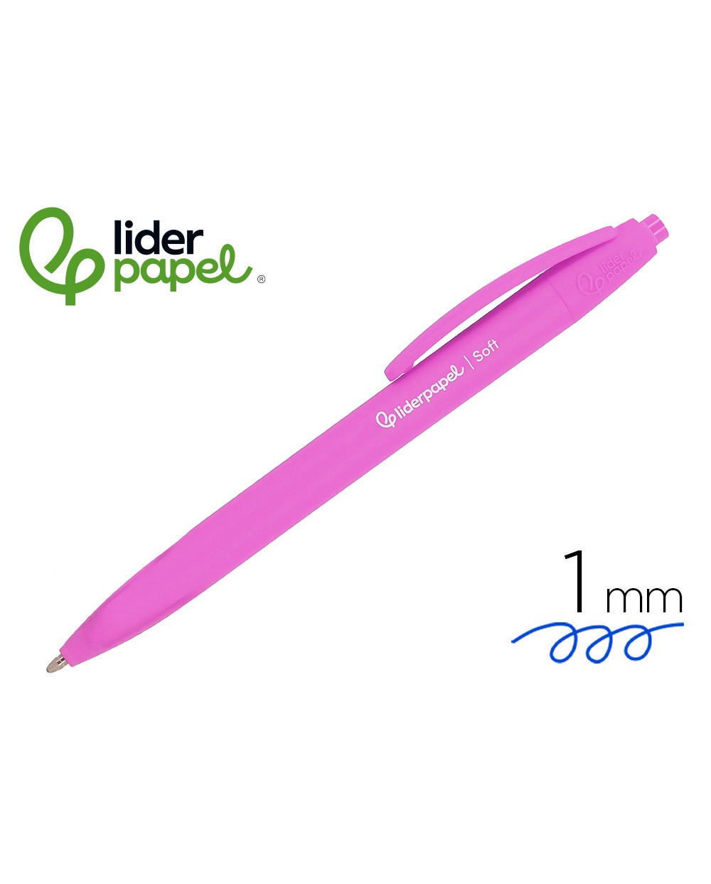 Boligrafo liderpapel punta 1 mm retractil con clip acabado soft touch tinta azul cuerpo rosa