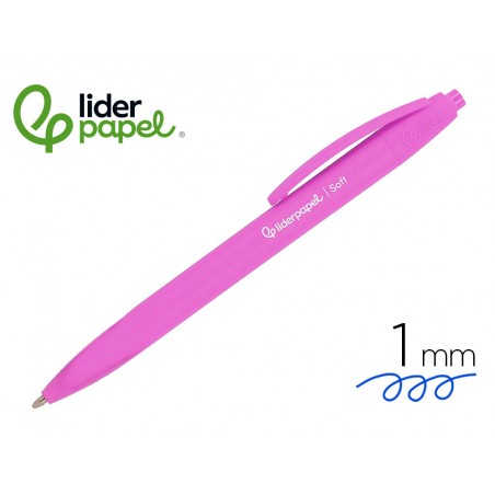 Boligrafo liderpapel punta 1 mm retractil con clip acabado soft touch tinta azul cuerpo rosa
