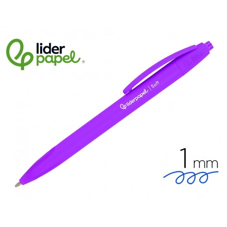 Boligrafo liderpapel punta 1 mm retractil con clip acabado soft touch tinta azul cuerpo morado