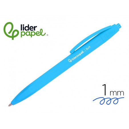 Boligrafo liderpapel punta 1 mm retractil con clip acabado soft touch tinta azul cuerpo azul cielo