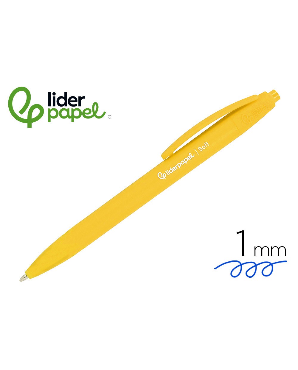 Boligrafo liderpapel punta 1 mm retractil con clip acabado soft touch tinta azul cuerpo amarillo