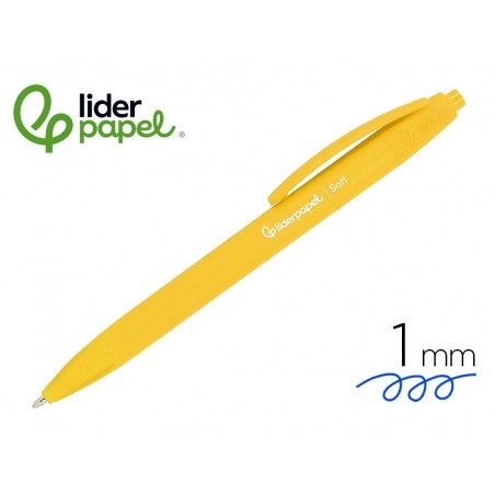 Boligrafo liderpapel punta 1 mm retractil con clip acabado soft touch tinta azul cuerpo amarillo