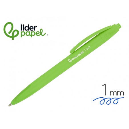 Boligrafo liderpapel punta 1 mm retractil con clip acabado soft touch tinta azul cuerpo verde