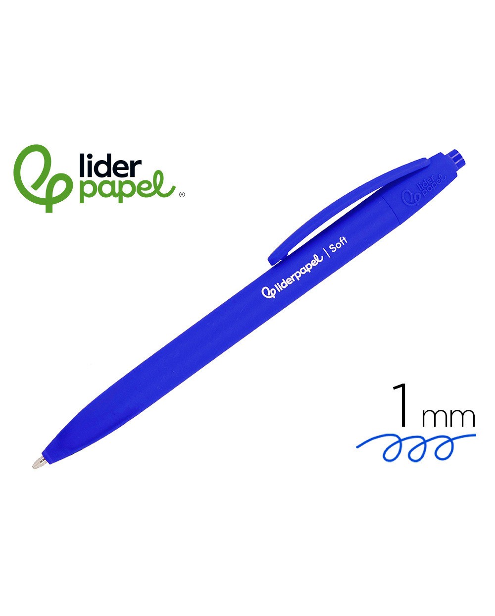 Boligrafo liderpapel punta 1 mm retractil con clip acabado soft touch tinta azul cuerpo azul