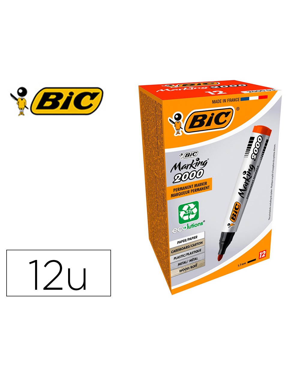 Rotulador bic marcador eco permanente marking 2000 rojo trazo 17 mm caja de 12 unidades