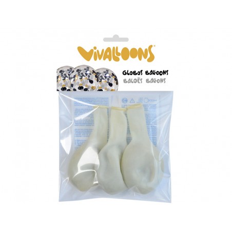 Globo 100 latex biodegradable vivalloons con cofetti metalizado oro negro bolsa de 5 unidades