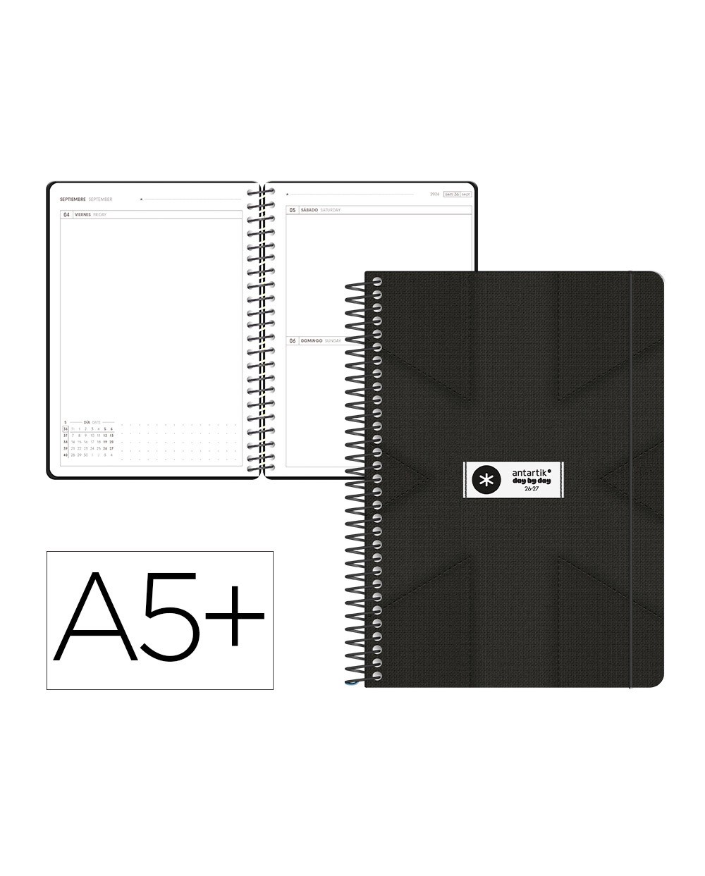 Agenda escolar antartik 26 27 espiral pack and go dia pagina a5 bilingue 80g papel fsc negro