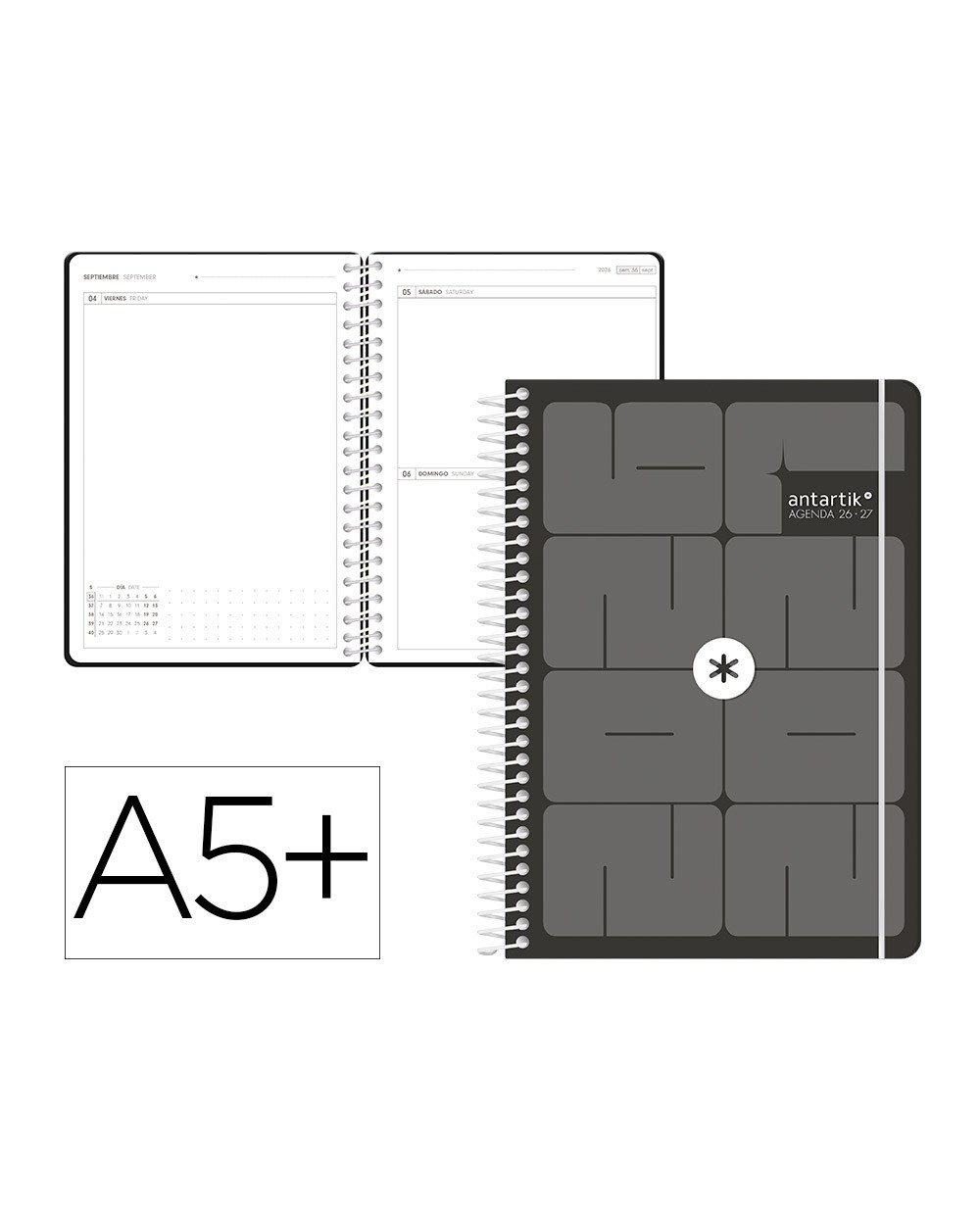 Agenda escolar antartik 26 27 espiral essentials dia pagina a5 bilingue 80g papel fsc negro