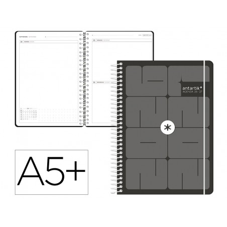 Agenda escolar antartik 26 27 espiral essentials dia pagina a5 bilingue 80g papel fsc negro