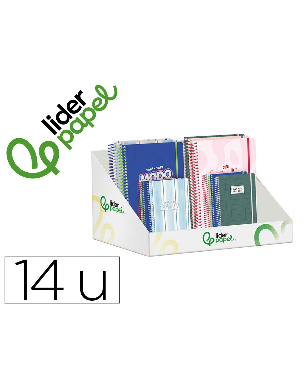 Agenda escolar liderpapel 26 27 espiral mix 2 disenos surtidos bilingue 80g papel fsc expositor 14 unidades