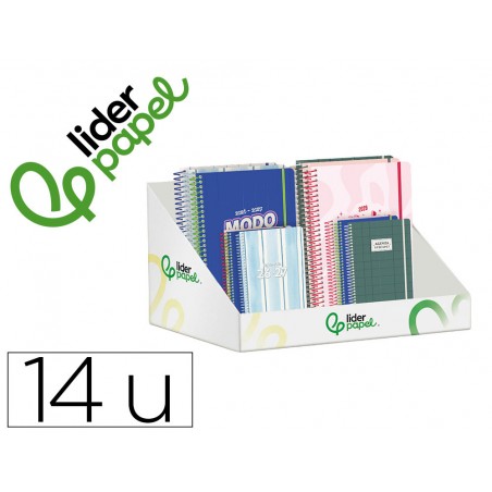 Agenda escolar liderpapel 26 27 espiral mix 2 disenos surtidos bilingue 80g papel fsc expositor 14 unidades