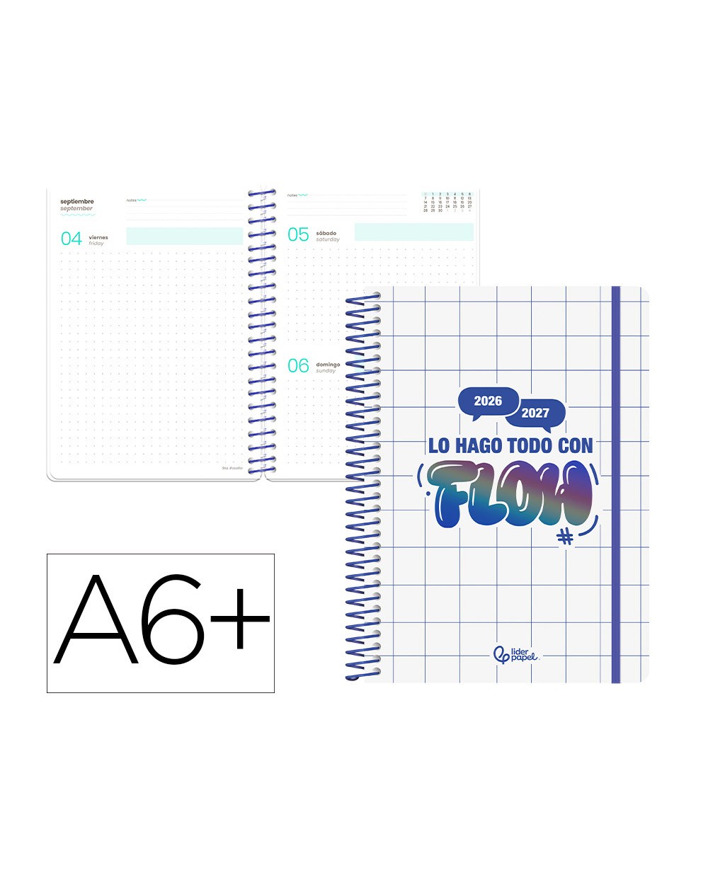 Agenda escolar liderpapel 26 27 espiral graphic dia pagina a6 bilingue 80g papel fsc azul