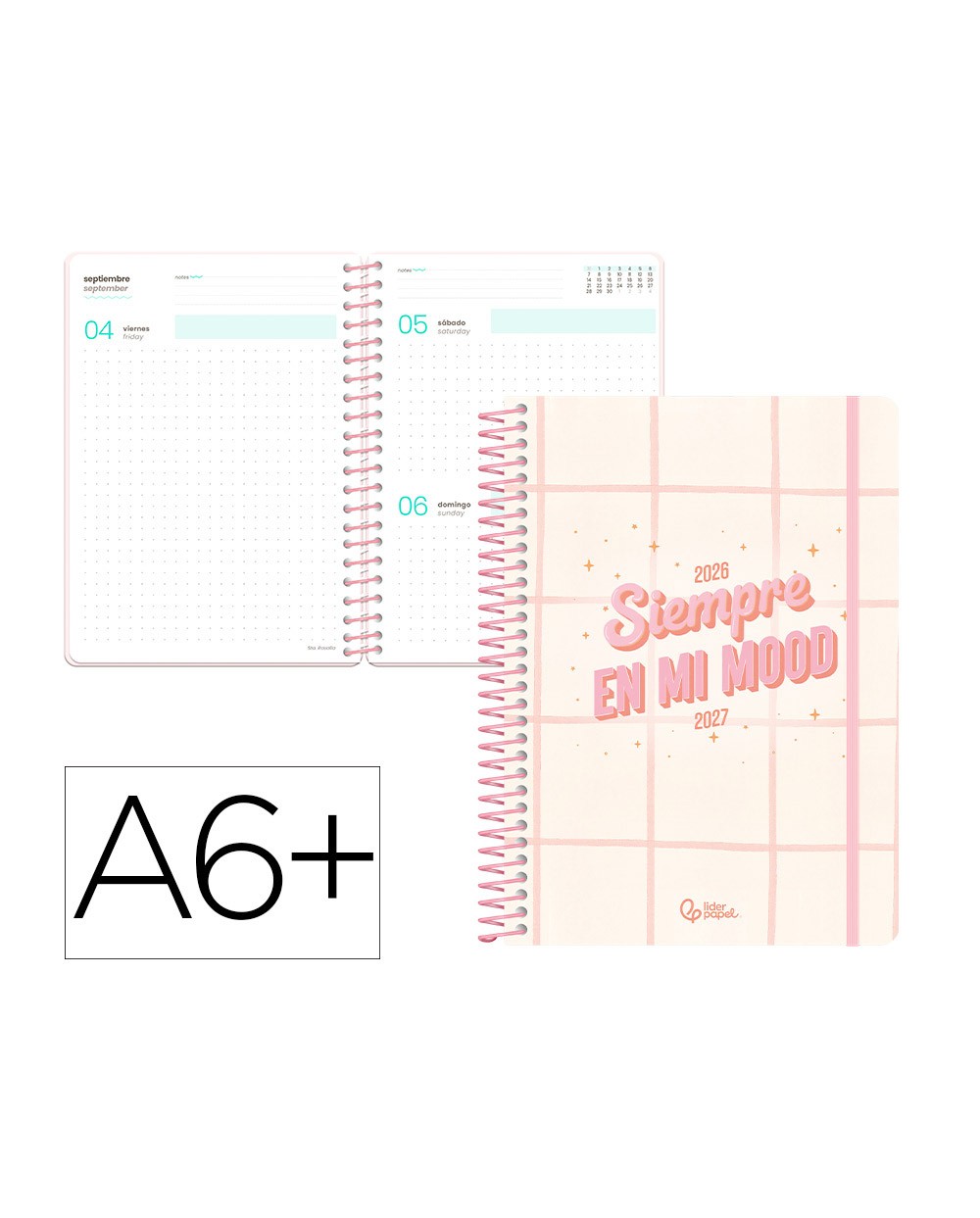 Agenda escolar liderpapel 26 27 espiral graphic dia pagina a6 bilingue 80g papel fsc rosa