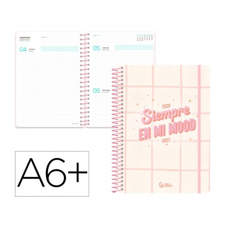 Agenda escolar liderpapel 26 27 espiral graphic dia pagina a6 bilingue 80g papel fsc rosa