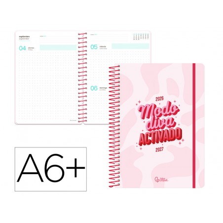 Agenda escolar liderpapel 26 27 espiral graphic dia pagina a6 bilingue 80g papel fsc rosa