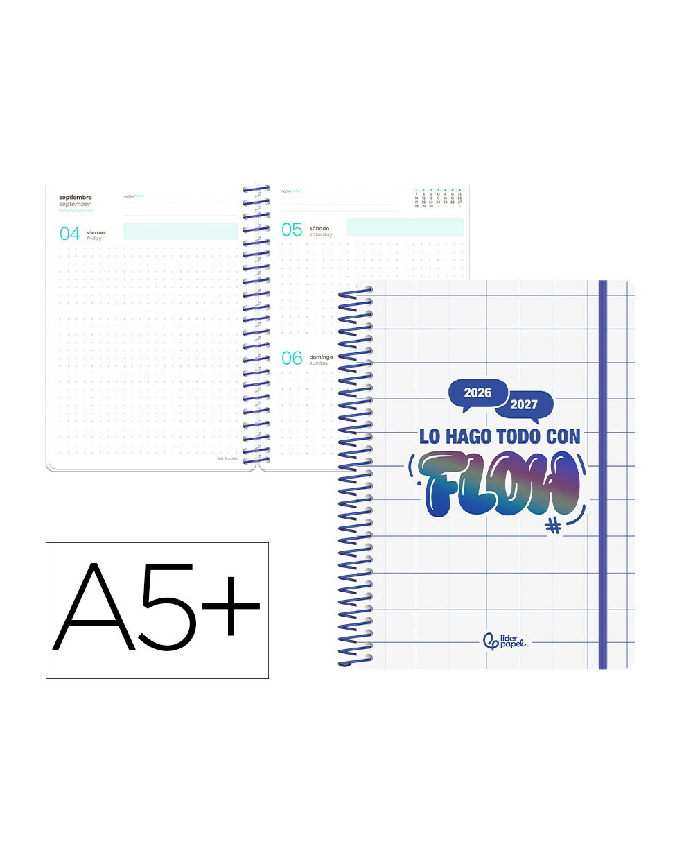 Agenda escolar liderpapel 26 27 espiral graphic dia pagina a5 bilingue 80g papel fsc azul