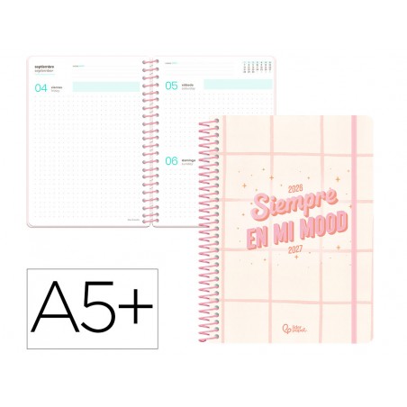 Agenda escolar liderpapel 26 27 espiral graphic dia pagina a5 bilingue 80g papel fsc rosa