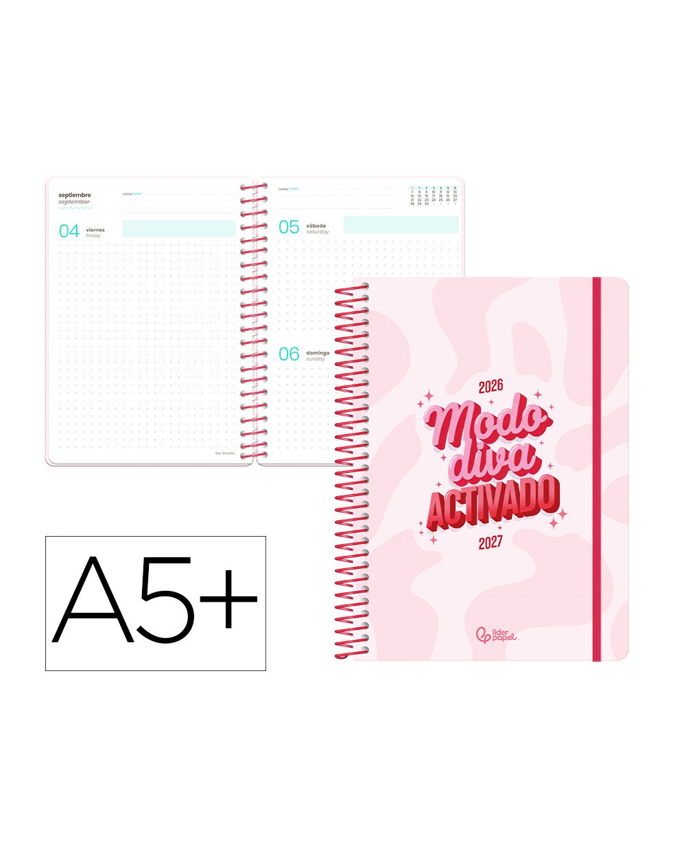 Agenda escolar liderpapel 26 27 espiral graphic dia pagina a5 bilingue 80g papel fsc rosa