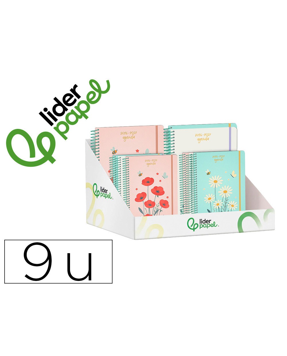 Agenda escolar liderpapel 26 27 espiral flowers disenos surtidos bilingue 80g papel fsc expositor 9 unidades