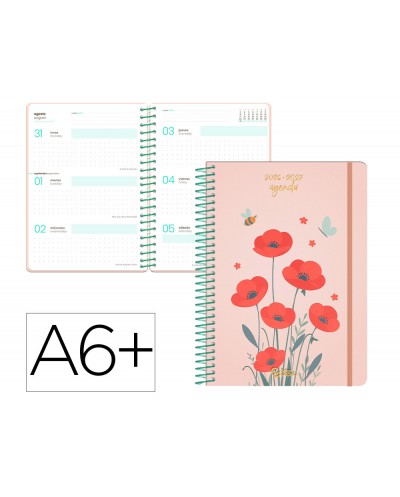 Agenda escolar liderpapel 26 27 espiral flowers dia pagina a6 bilingue 80g papel fsc rojo