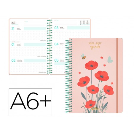 Agenda escolar liderpapel 26 27 espiral flowers dia pagina a6 bilingue 80g papel fsc rojo