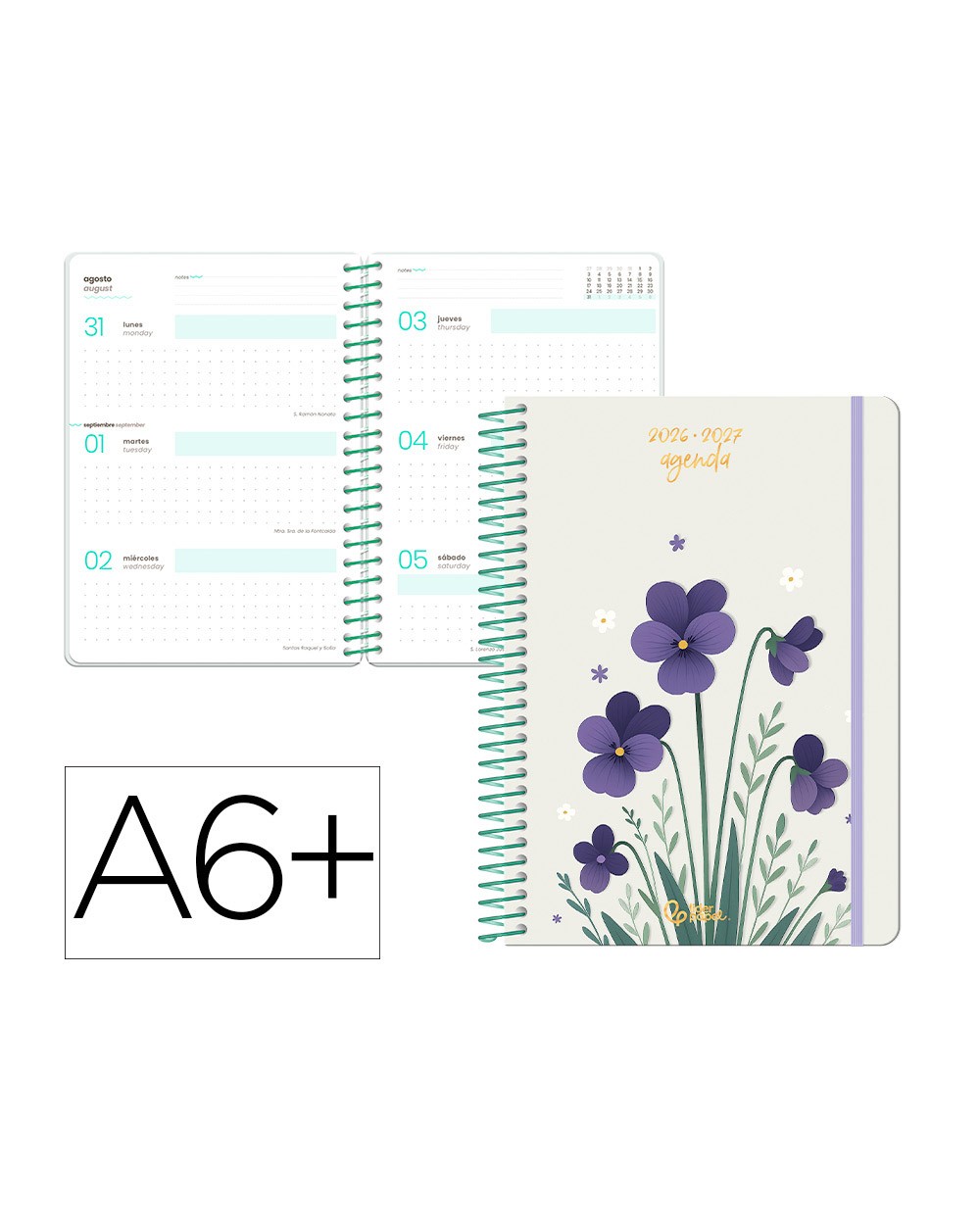 Agenda escolar liderpapel 26 27 espiral flowers dia pagina a6 bilingue 80g papel fsc blanco
