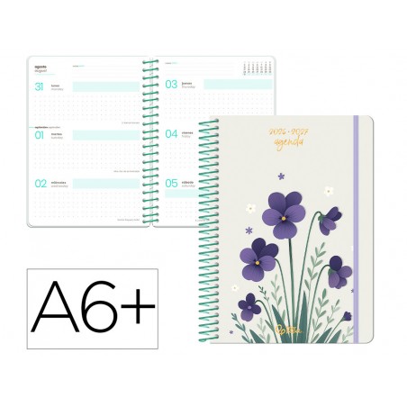 Agenda escolar liderpapel 26 27 espiral flowers dia pagina a6 bilingue 80g papel fsc blanco