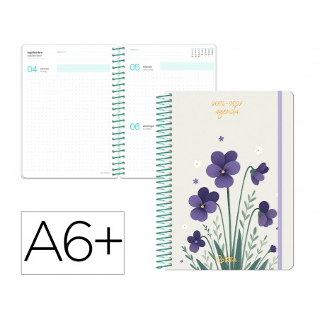 Agenda escolar liderpapel 26 27 espiral flowers dia pagina a6 bilingue 80g papel fsc blanco